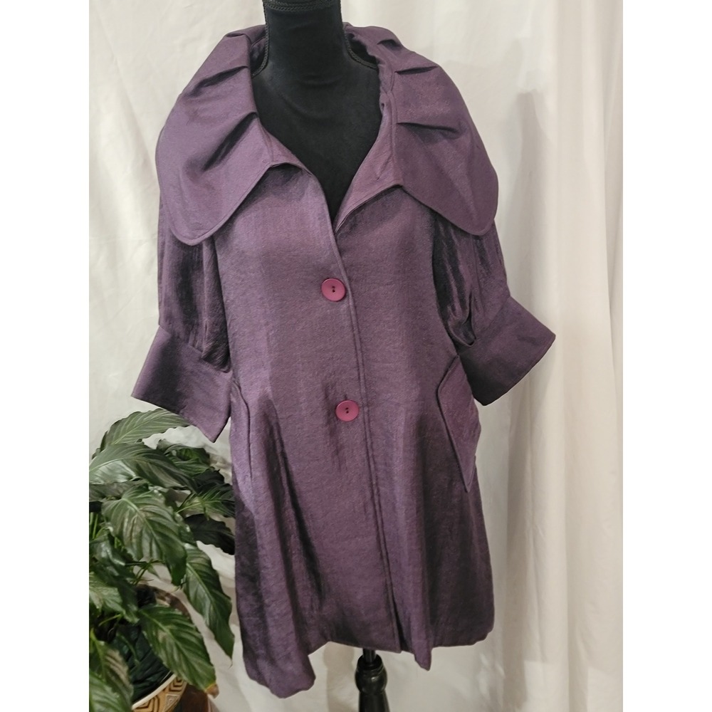 Damee Inc Purple Textured Swing Coat Oversized Collar Pleated Pockets Size M